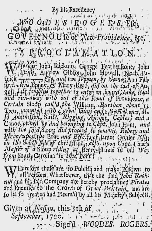 Mary Read - Woodes Rogers Proclamation